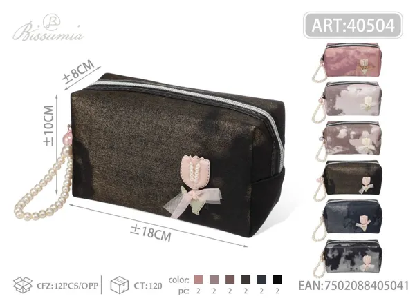 Bolso de maquillaje octagonal de poliéster para mujer con cadena de perlas 18*10*8cm No.3