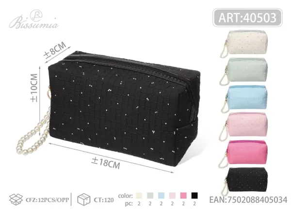Bolso de maquillaje octagonal de poliéster para mujer con cadena de perlas 18*10*8cm No.2