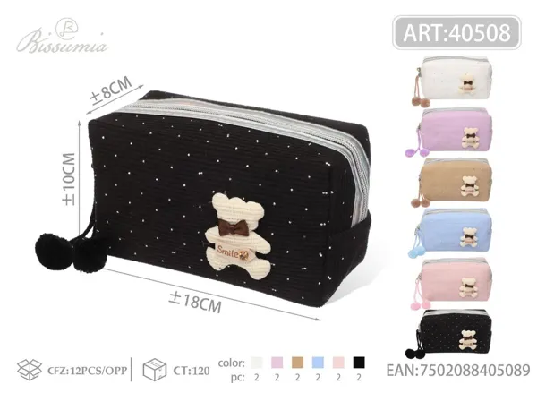 Bolsa de maquillaje de poliéster con pelotas de peluche en forma de octágono para dama 18*10*8cm