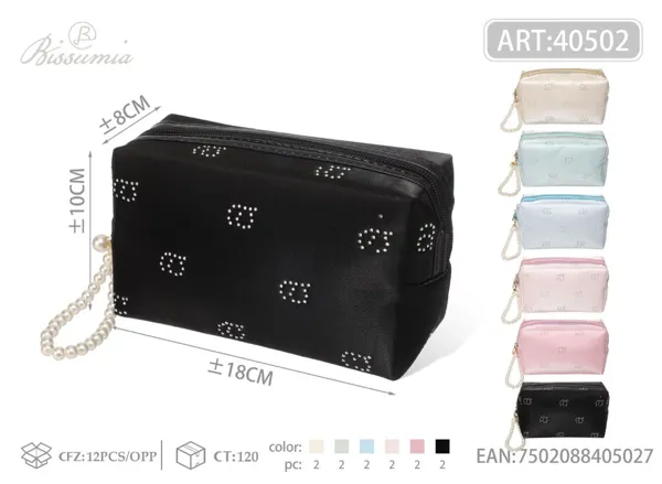 Bolso de maquillaje octagonal de poliéster con cadena de perlas para mujer 18*10*8cm No.1