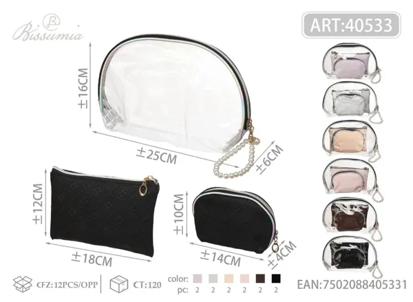 Set de 3 bolsos de maquillaje de PU con cadena de perlas para mujer: bolso exterior 25*16*6cm, bolso plano 18*12cm, semiluna pequeña 14*10*4cm No.3