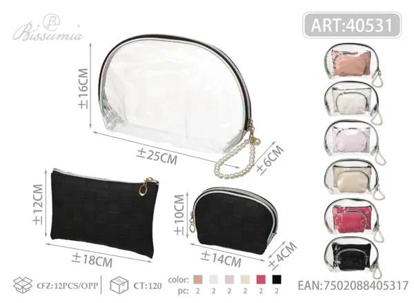 Set de 3 bolsos de maquillaje de PU con cadena de perlas para mujer: bolso exterior 25*16*6cm, bolso plano 18*12cm, semiluna pequeña 14*10*4cm No.1