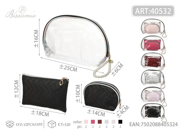 Set de 3 bolsos de maquillaje de PU con cadena de perlas para mujer: bolso exterior 25*16*6cm, bolso plano 18*12cm, semiluna pequeña 14*10*4cm No.2