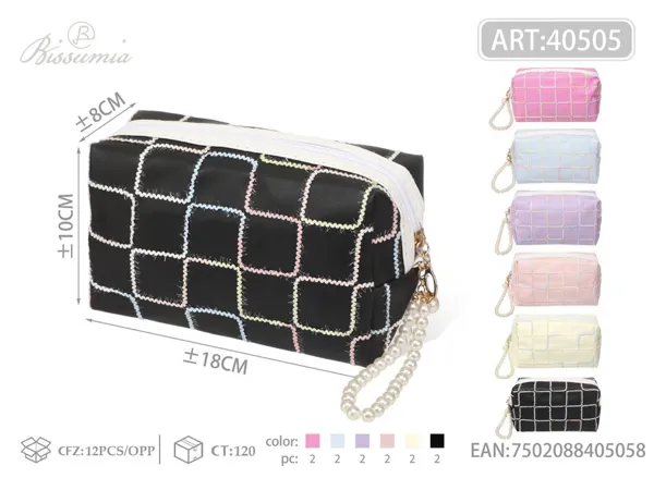 Bolso de maquillaje octagonal de PU con cadena de perlas para mujer 18*10*8cm No.5