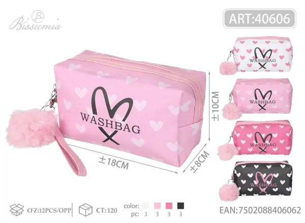 Bolsa de aseo octogonal para mujer PU con pompón 18*10*8cm