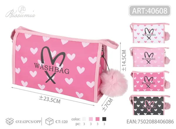 Bolsa de aseo hexagonal para mujer PU con pompón 23.5*14.5*7cm