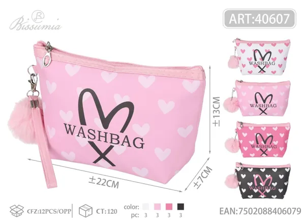 Bolsa de aseo hexagonal para mujer PU con pompón 22*13*7cm