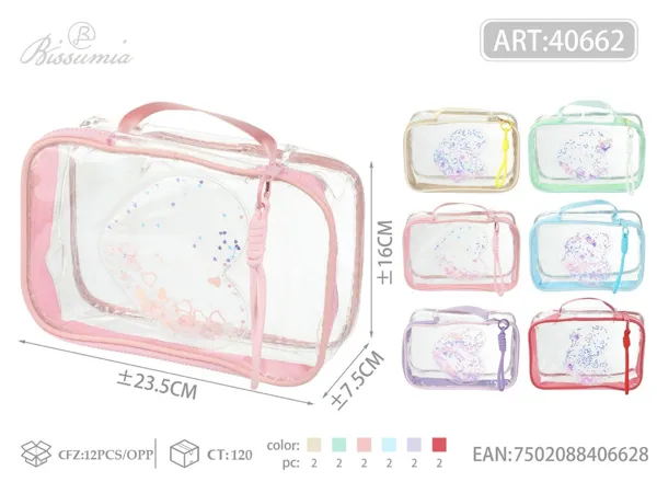 Bolso de aseo transparente con corazones y brillantina 23.5*16*7.5cm