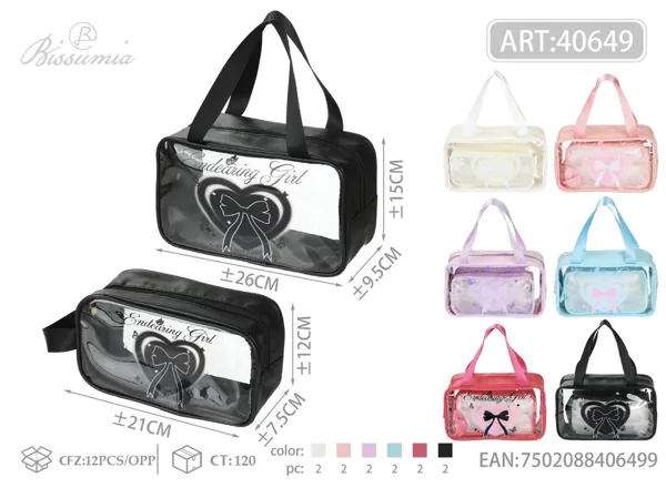 Set de 2 bolsas de aseo transparentes con corazones (bolsa pequeña: 21*12*7.5cm, bolsa grande: 26*15*9.5cm)