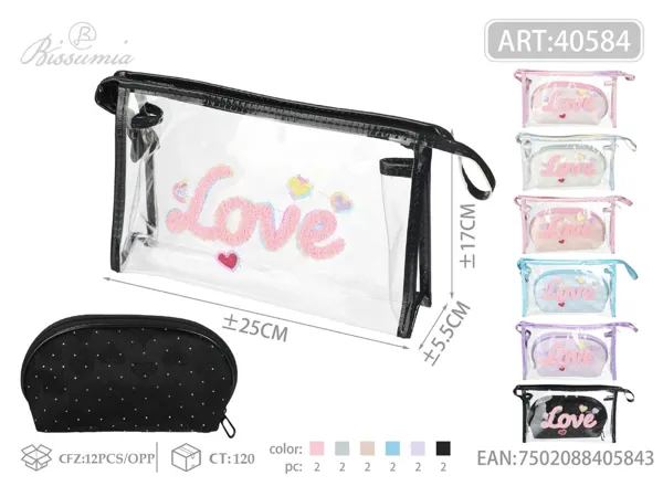 Set de 2 bolsas de aseo LOVE con corazones 25*17*5.5cm