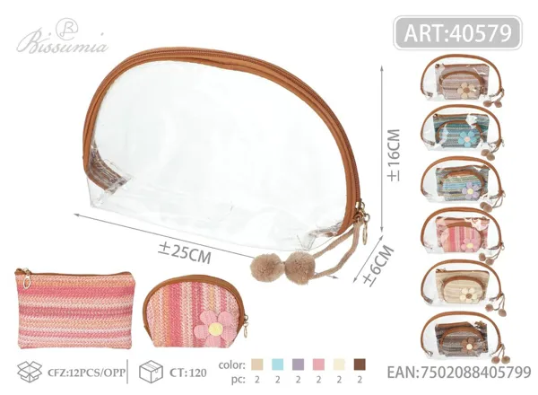 Set de 3 bolsas de aseo con flores de paja 25*16*6cm