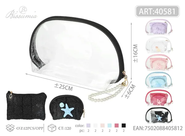 Set de 3 bolsas de aseo con estrellas de mar y cuadros 25*16*6cm