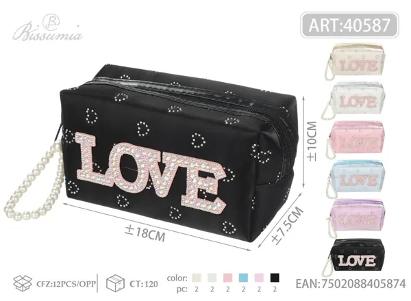 Bolso de aseo octagonal LOVE con pedrería 18*10*7.5cm