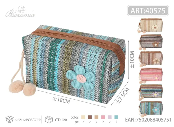Bolso de aseo octagonal con accesorio de flores de paja 18*10*7.5cm