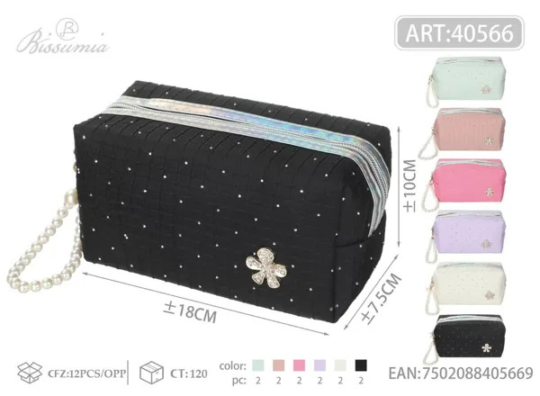 Bolso de aseo octagonal de pana a cuadros con pedrería 18*10*7.5cm