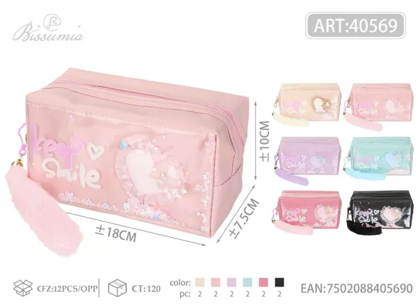 Bolso de aseo octagonal con accesorio de peluche y purpurina 18*10*7.5cm