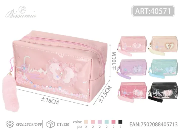 Bolso de aseo octagonal con accesorio de peluche y purpurina 18*10*7.5cm