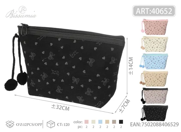 Bolso de aseo hexagonal de pana con pajarita y mariposa 32*14*7cm