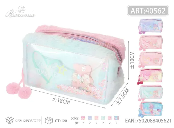 Bolso de aseo octagonal de peluche con purpurina 18*10*7.5cm