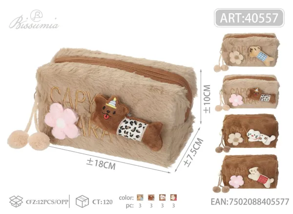 Bolso de aseo octagonal de peluche con accesorio de perrito 18*10*7.5cm