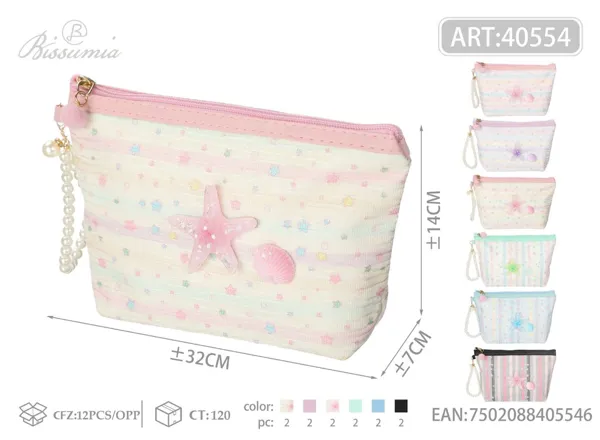 Bolso de aseo hexagonal con lentejuelas y accesorio de estrella de mar 22*14*6cm