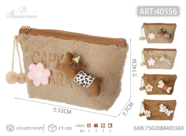 Bolso de aseo hexagonal de peluche con accesorio de perrito 22*14*6cm