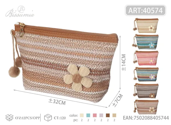 Bolso de aseo hexagonal con accesorio de flores de paja 22*14*6cm