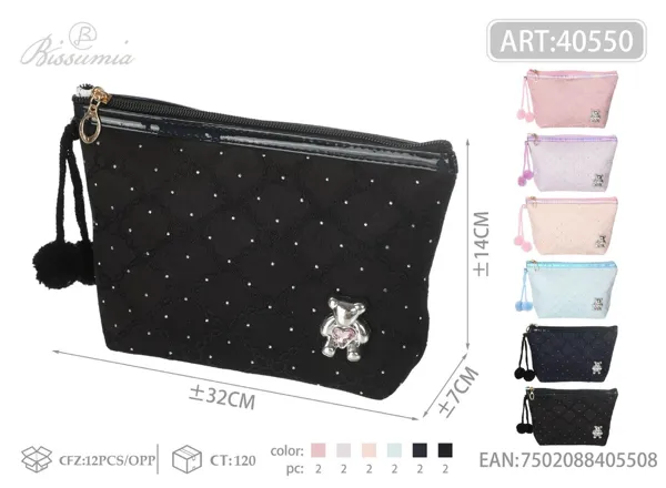 Bolso de aseo hexagonal de pana a cuadros con pedrería 22*14*6cm