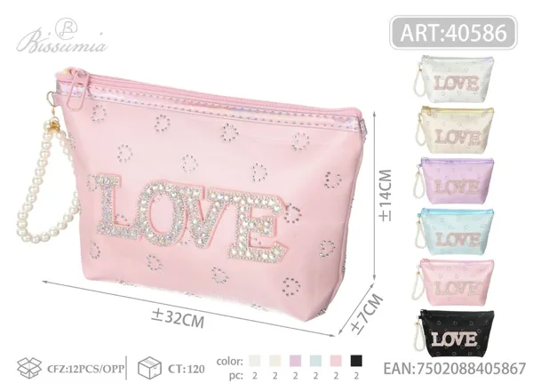 Bolso de aseo hexagonal LOVE con pedrería 22*14*6cm