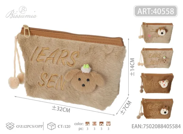 Bolso de aseo hexagonal de peluche con accesorio de perrito 22*14*6cm