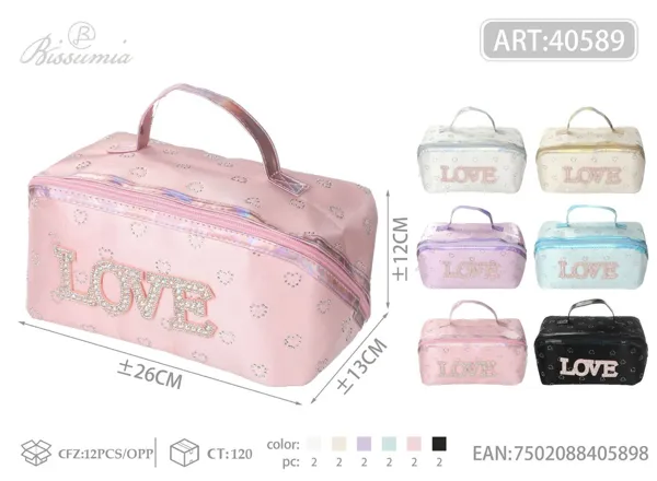 Bolso de aseo tipo almohada LOVE con pedrería 26*12*13cm