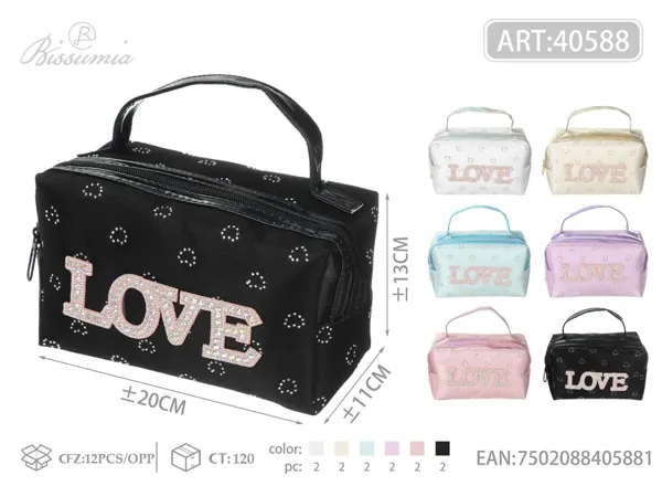 Bolso de aseo octogonal LOVE con pedrería y asa 20*11*13cm
