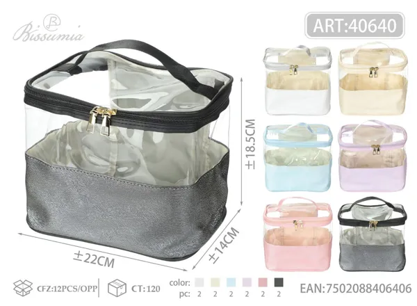 Bolso de aseo con asa para mujer con textura de sarga y paneles transparentes 22*18.5*14cm