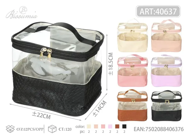 Bolso de aseo con asa para mujer con textura de grano y paneles transparentes 22*18.5*14cm