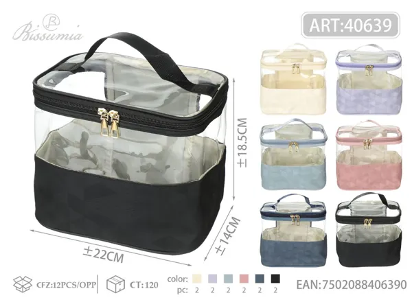 Bolso de aseo con asa para mujer con textura vaquera y paneles transparentes 22*18.5*14cm
