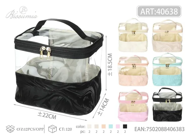 Bolso de aseo con asa para mujer con textura de ondas y paneles transparentes 22*18.5*14cm