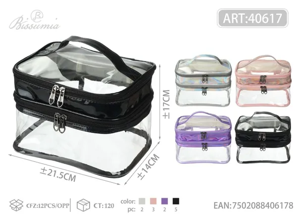Bolso de aseo transparente con doble capa y paneles de colores 21.5*17*14cm