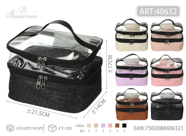Bolso de aseo con doble capa para mujer con textura de grano 21.5*17*14cm