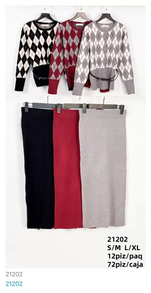 Conjunto de Cárdigan Argyle y Falda Midi
