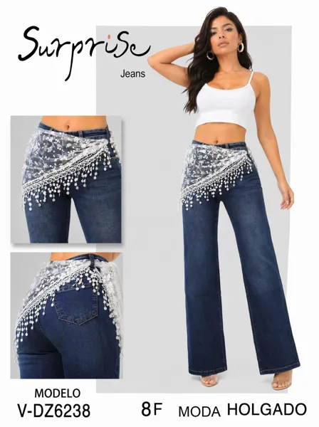 Jeans corte recto con detalle de encaje