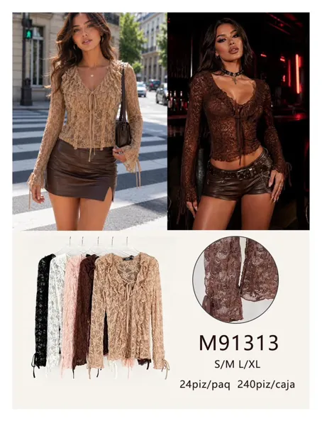 Blusa de encaje con volantes y lazo