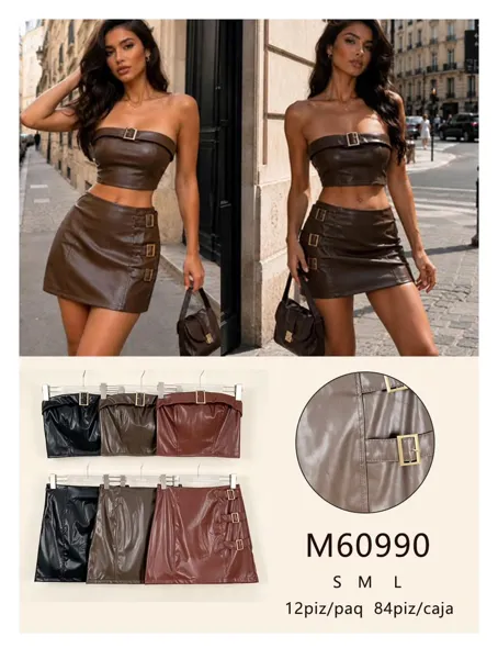 Conjunto de top y falda de imitación piel