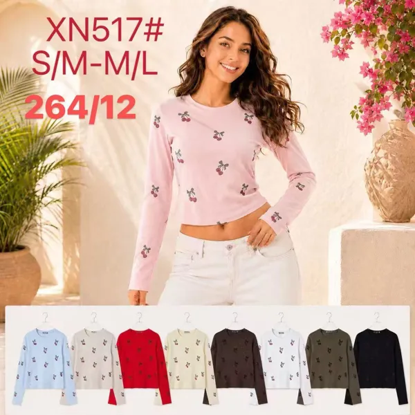 Blusa manga larga con estampado de cerezas