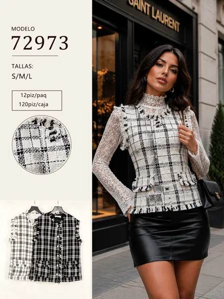 Blusa de encaje con estampado a cuadros