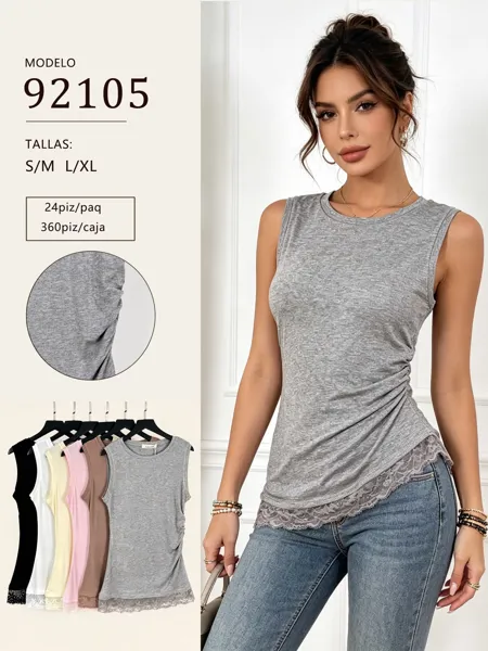 Blusa sin mangas con detalle lateral y encaje