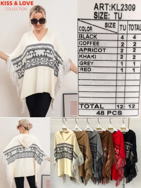 Poncho con capucha y flecos