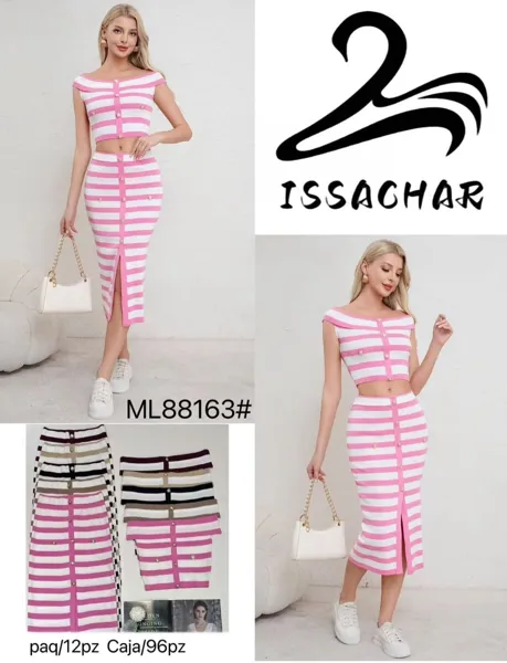 Conjunto de top y falda a rayas con botones