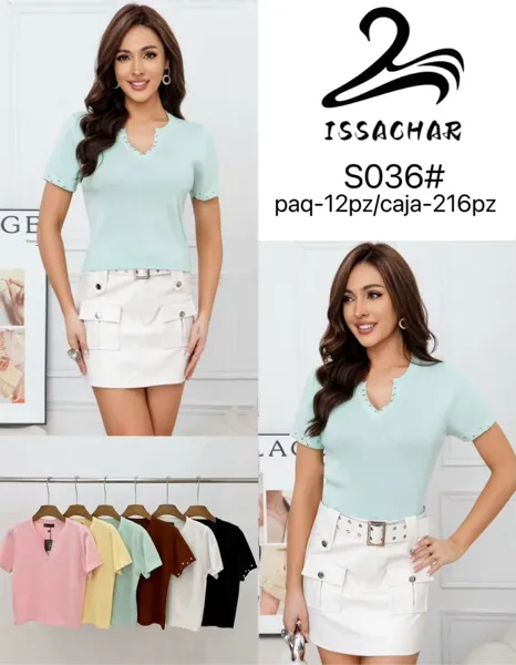 Blusa tejida de manga corta con detalles en cuello