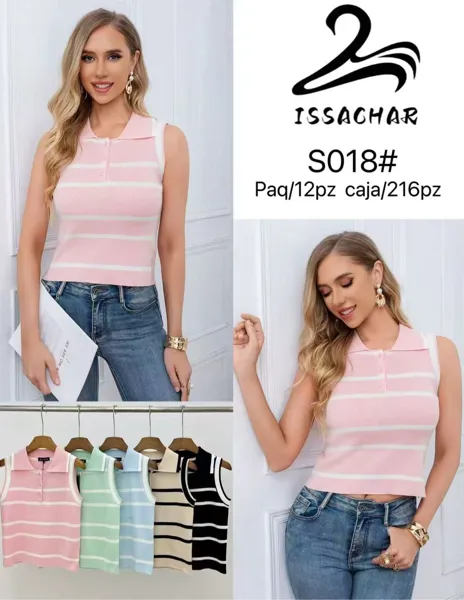 Blusa polo de punto a rayas sin mangas