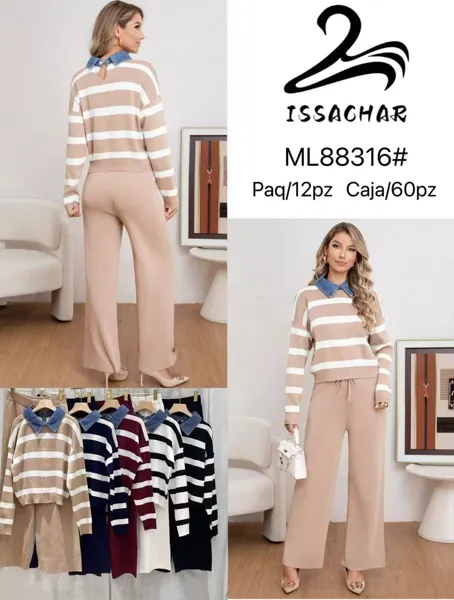 Conjunto de suéter a rayas con cuello de mezclilla y pantalón